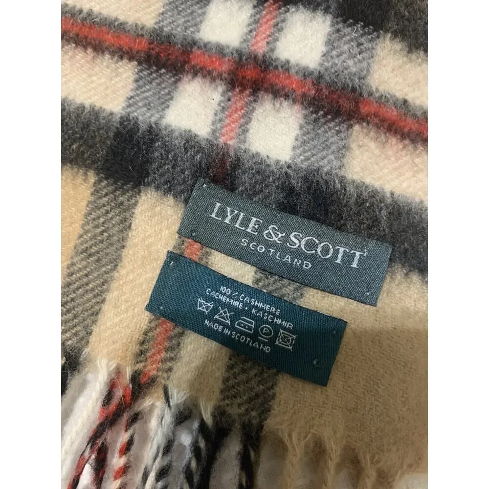 LYLE & SCOTT SCOTLAND Fringed Red Black Tartan Plaid Cashmere Scarf 60 x 12 in.